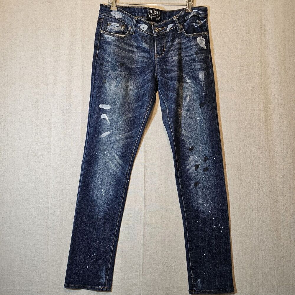 Thrill Jeans Womens 11  Distressed Paint Splatter Jeans Destroyed Rhinestones